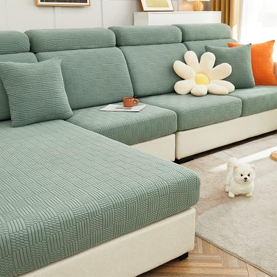 cjc Couch Cover, Universal Stretch Chaise Sofa Slipcovers,Anti-Slip L Shape Sofa Covers, Sofa Slipcover for 3 Cushion Couch - Elastic Furniture Protector (Leaves Green, Double Seat Cover)