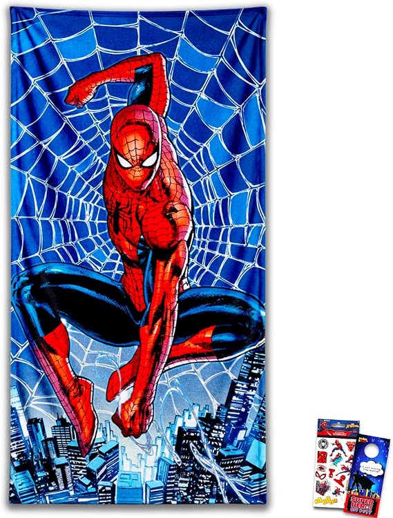 Spiderman Beach Towel Set - Bundle with 40" x 72" Spiderman Microfiber Pool Towel Plus Stickers and More | Marvel Spiderman Beach Towel for Kids, Adults