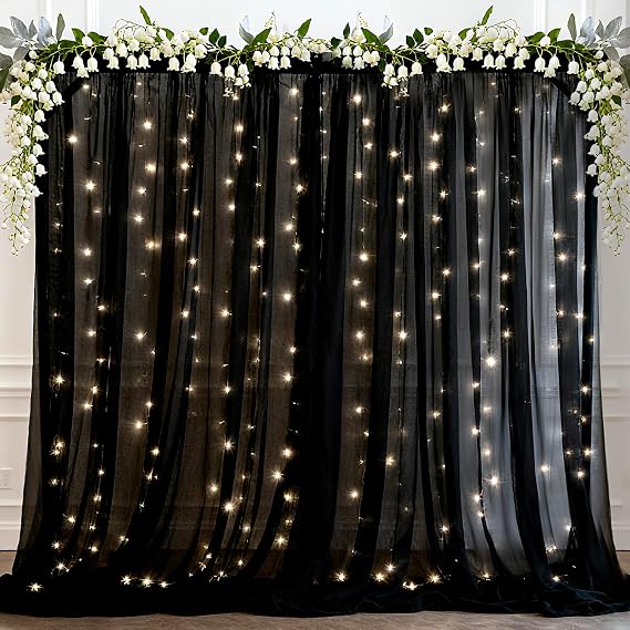 Ledido 1010ft Black Tulle Backdrop Curtains with Lights String - 300LED Fairy Lights Sheer Curtain Backdrop for Wedding Baby Shower Photo Shoot Birthday Party Decoration2 Panels 510ft,Black