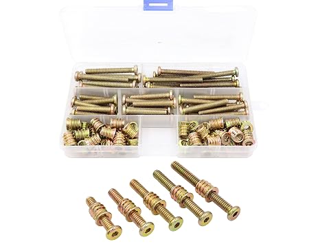 LBY 35 Sets Threaded Insert Nuts and Bolt Assortment Kit, 1/4-20 13mm Threaded Inserts & Hex Socket Furniture Barrel Bolts (5 Sizes) Combination, Carbon Steel (Zinc Plated), Yellow
