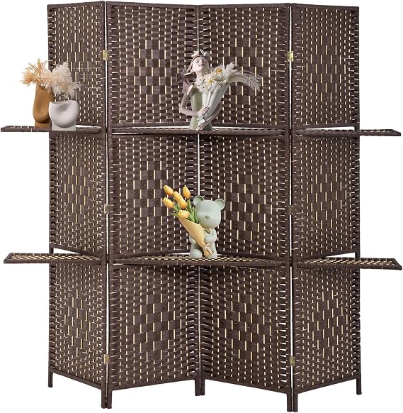 FDW | 4 Panel Folding Room Divider with Shelves | 5.9ft, Brown