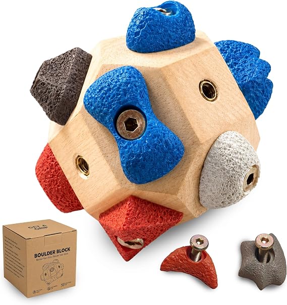 Boulder Block Rock Climbing Grip Trainer - 12 Unique Resin Holds with Color-Guided Training Paths, Premium Wood Finger Strength Trainer for Climbers, Portable Bouldering Gift for Men & Women
