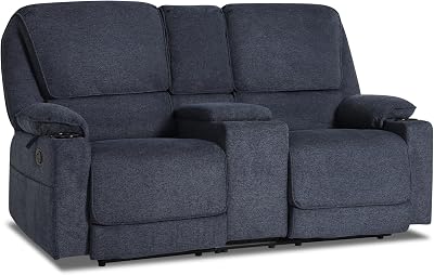 Loveseat Recliner, RV Reclining Loveseat, Home Theater Seating, Manual Loveseat with Console, 4 Cup Holders, 2-Seater Recliner Sofa, RV Furniture for Travel Trailers, Livingroom Navy Blue