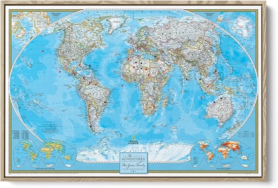 Framed Classic World Map with Pins National Geographic Canvas Travel Map Personalized World Wall Decor Natural Float Frame 30" x 45"