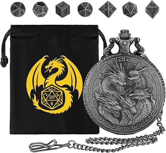 Mini DND Dice Set, Steampunk Retro Five Dragon Heads Pocket Watch Shell Case, DND Starter Set, 7pcs Polyhedral Metal Dice Set, D&D Gifts with Gift Bag, Role Playing Board Game Accessories, Silver