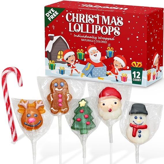 Christmas Lollipop Suckers 12 Count Individually Wrapped Dye-Free Holiday Candy - Festive Santa, Snowman, Gingerbread, Christmas Tree & Candy Cane Pops Gift pack - Stocking Stuffers & Party Favors