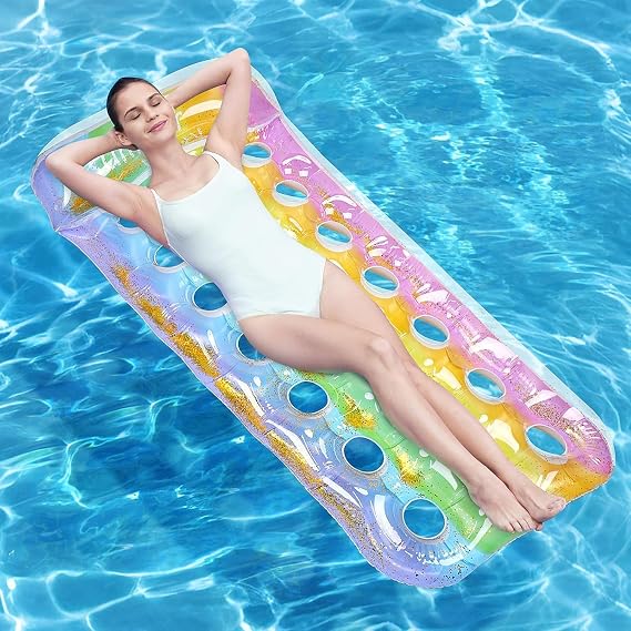 SelfTek Pool Inflatables, Lilo Pool Inflatables for Adults Inflatable Pool Floats with Comfy Headrest and Water Flow Holes, Glitter Inflatable Rafts Lounger for Swimming, Sunbath, Tanning