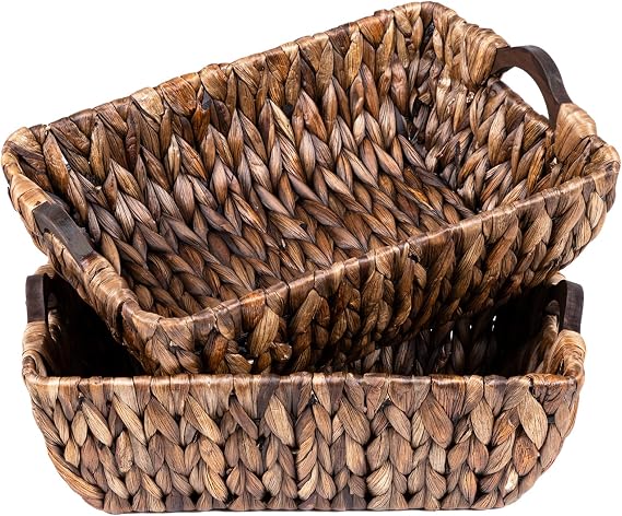FairyHaus Wicker Storage Basket with Wood Handles, 2Pack Brown Wicker Basket for Organizing, Hand Woven Dark Brown Water Hyacinth Baskets for Storage 14.96x10.04x4.73"