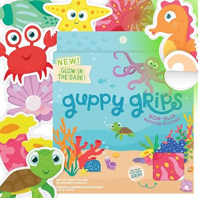 Glo Pals Glow-in-The-Dark Grips Bathtub Stickers for Kids 8 Extra Large Non-Slip Bath Stickers & Fun Anti-Slip Tub Decals Textured Bath Grips for Kids Bathroom Safety - Guppy