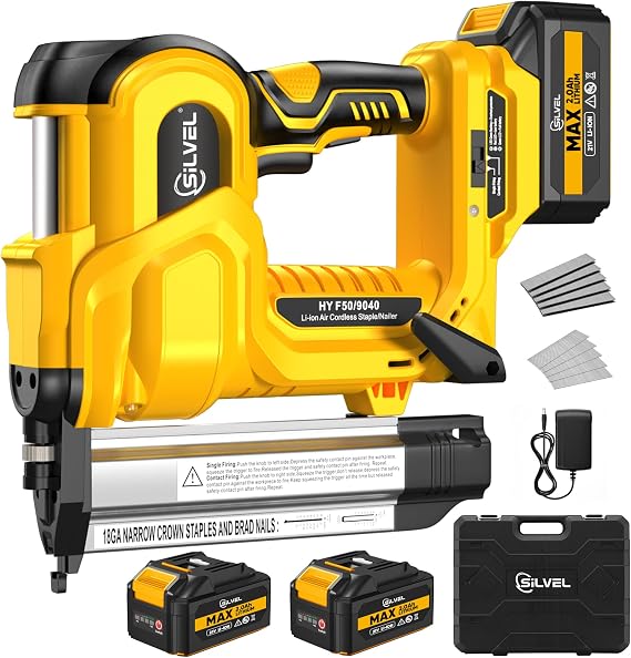 SILVEL 2" Cordless Brad Nailer, 2-in-1 21V Electric Brad Nailer with 2 * 2.0Ah Battery, 1000pcs Nails, 18GA Staples, Adjustable Depth for Woodworking, Home Improvement, yellow