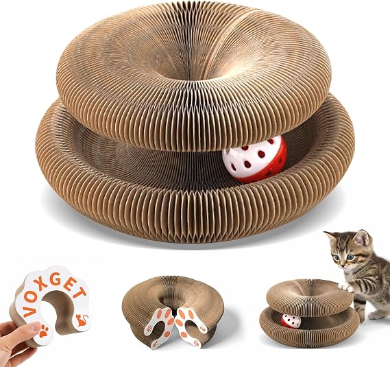 Kitty Curls Cat Scratcher Toy, Magic Organ Foldable Cat Scratching Board for Indoor Cats Reduce Boredom, Interactive Toys with Bells for Kitten Play Exercise Anxiety Relief (Brown, 1 Pack)