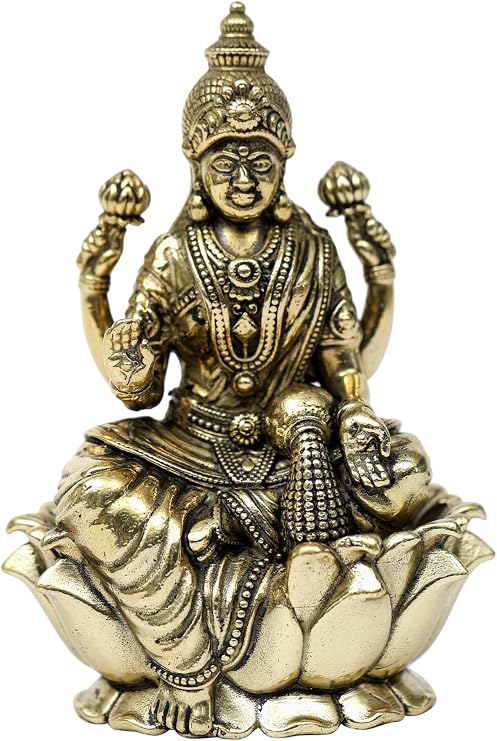 Exotic India Superfine Goddess Lakshmi on Lotus Brass Statue | Laxmi ji ki Murti for Pooja Mandir Temple Figurines