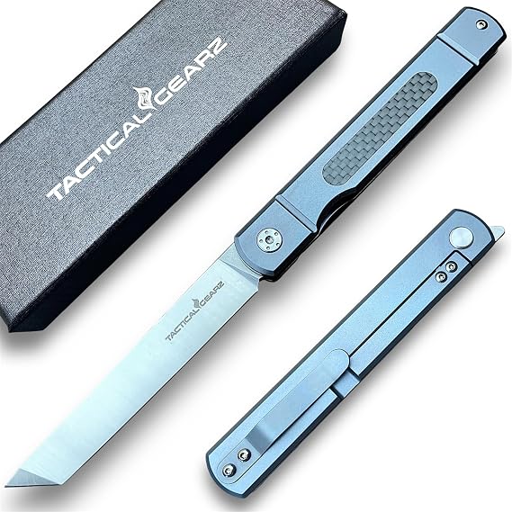 Japanese Style Higonokami Top Flipper Pocket Knife! Solid Titanium Handle! D2 Steel Blade! ncludes Sheath! (Blue Higonokam Top Flipper)