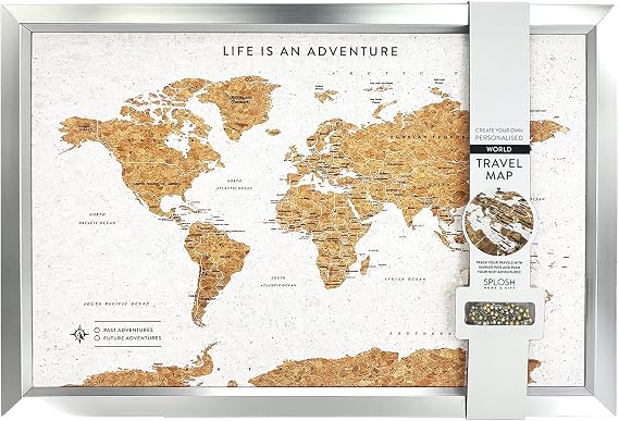 Splosh World Travel Map with Pins – White Cork with Silver Frame Medium Size Wall Travel Tracker Bucket List Gift with 100 Push Pins for Marking Past and Future Adventures 54 x 77 cm