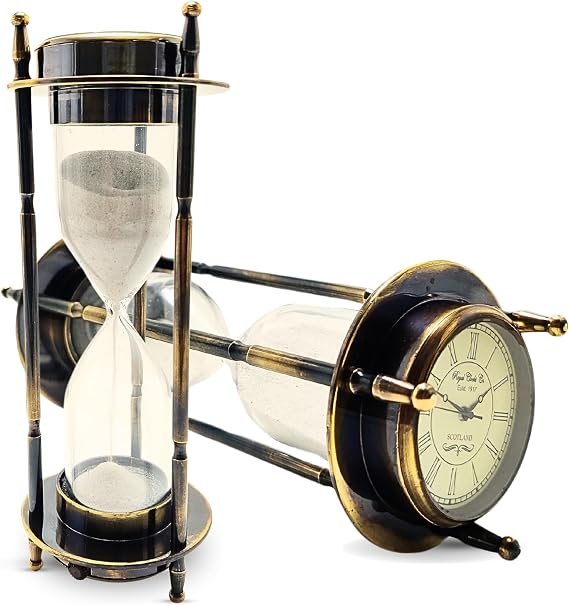 Black Antique Brass Compass Hourglass Nautical Maritime Sand Timer & Desk Clock Vintage Hour Glass Metal Sand Watch Sand Clock Decorative Sandglass for Gift & Home Desk Office Decor