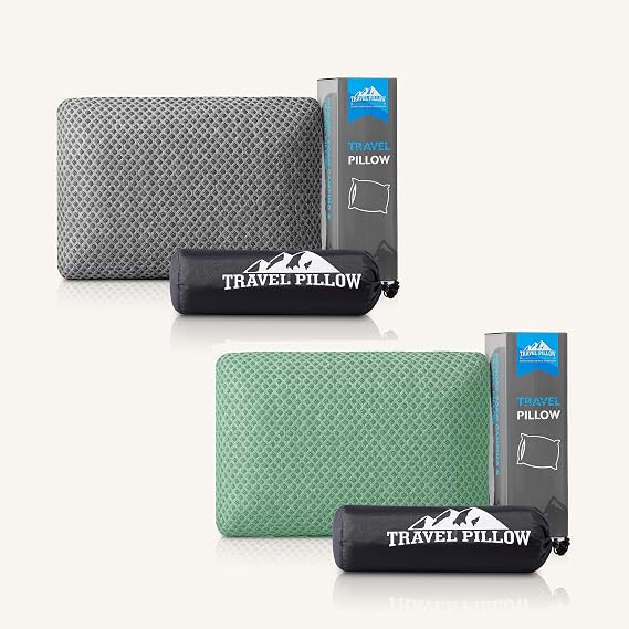 Travel Pillow Memory Foam Pillows, Dark Grey M Size, Green M Size, Ideal Backpacking Hiking, Bed Pillows, Airplane and Car
