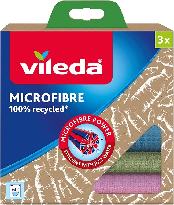 Vileda Microfibre Recycled 3 Cloths, Multicolor, Polyester, 3 Units (Pack of 1)