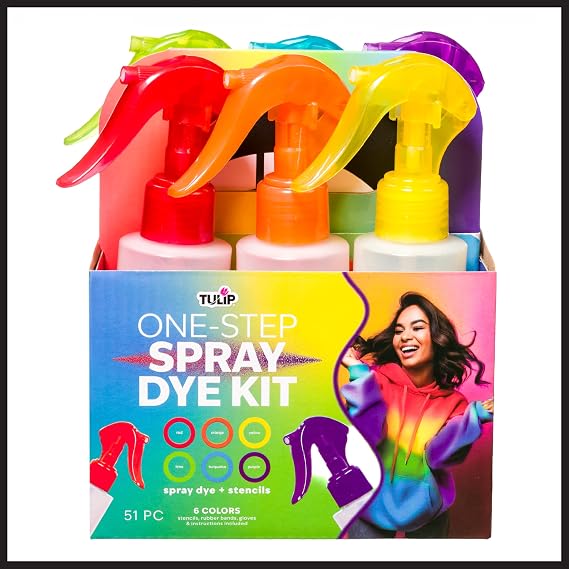 Tulip One-Step Spray Dye Kit, Easy Spray Application with 6 Colors & 4 Stencils Included, Party Activity, Outdoor Fun, Birthday Gift, Create Permanent Fashion Designs