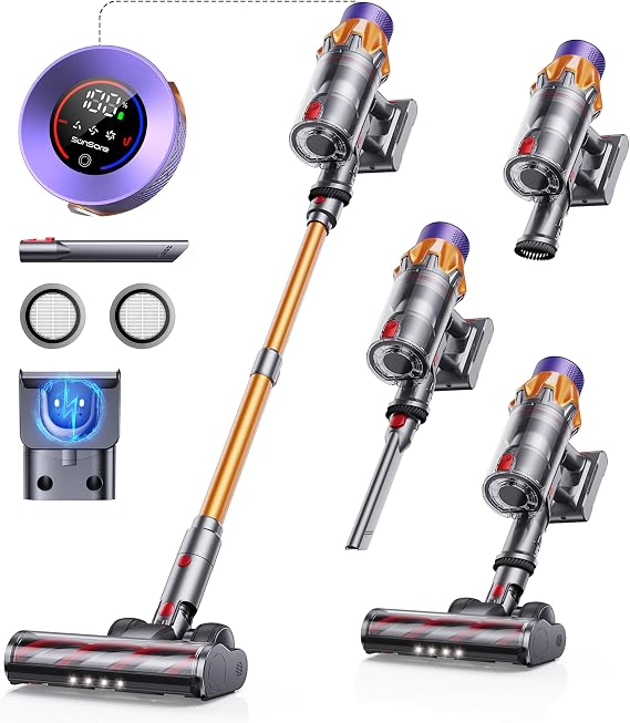 SunSare X7A Cordless Vacuum Cleaner, Upgraded 550W/45Kpa Cordless Stick Vacuum Cleaner with Touch Screen, Up to 60Mins,Wall Mount Charging,1.5L Cup,Wireless Vacuums for Pet Hair,Carpets,Hard Floors