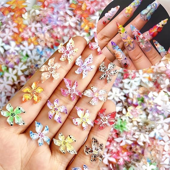BelleVive 60 Pieces Flower Nail Art Charms, 3D Hawaiian Flowers, Nail Rhinestones, Hibiscus Flowers, Nail Gems, Colourful Flower Nail Diamonds, Summer