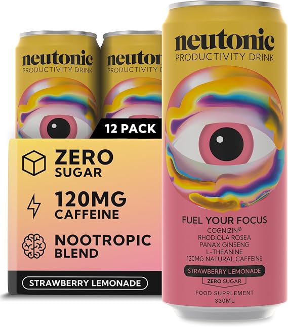 Neutonic Nootropic Productivity Energy Drink | Strawberry Lemonade 12 Cans | 120mg Natural Caffeine, Zero Sugar | Support Energy, Mental Performance, Cognitive Function | Support Focus, Brain Health
