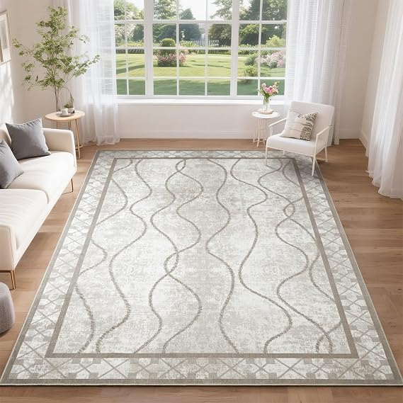 DweIke 8x10 Area Rugs for Living Room, Machine Washable Bordered Rug for Bedroom, Luxury Rubber Backing (Non-Slip) Low Pile Throw Carpet for Dining Room Kitchen Home Decor, Beige