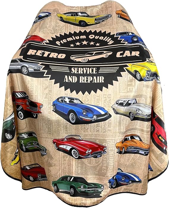 Barber Cape for Men Professional Hair Cutting Salon Cape with Snaps Waterproof Hairdressing Styling Cape Gown Apron- 63 56(Vintage Cars)