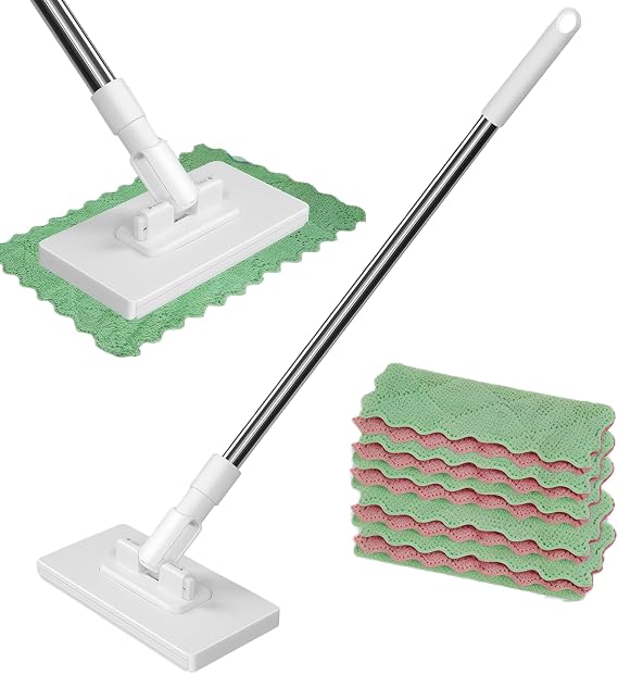 Disposables Dust Mop With 5 Reusable Cloths, Hands-Free, Mini Mop With Automatic Cloth Changing&360° Rotating Head, for Floor Wall Kitchen Bathroom, Compatible with Reusable Towels & Disposable Wipes