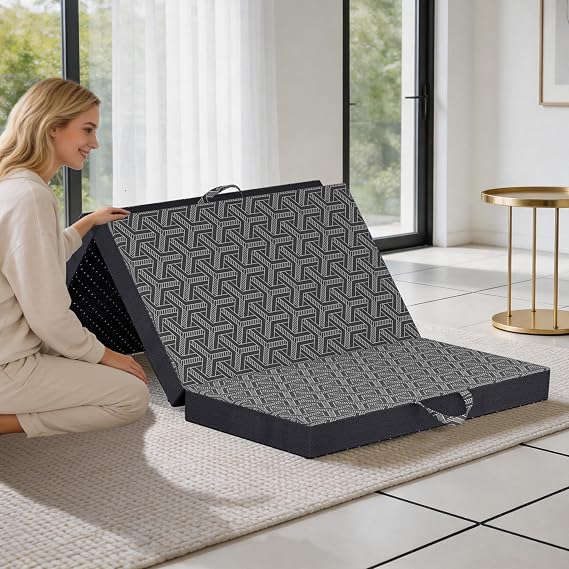 Tri Folding Mattress,6'' Queen Foldable Mattress,Ventilated Trifold Memory Foam Mattress with Washable Cover,Handle & Non-Slip Bottom,Portable Mattress for Guest Floor Bed,Camping,Travel,Yoga