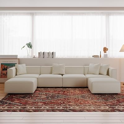 Acanva Luxury Modular Sectional Couch with Moveable Ottoman and Chaise, Modern Minimalist Style Sofa for Living Room, Apartments, U-Shape, Vegan Leather Cream
