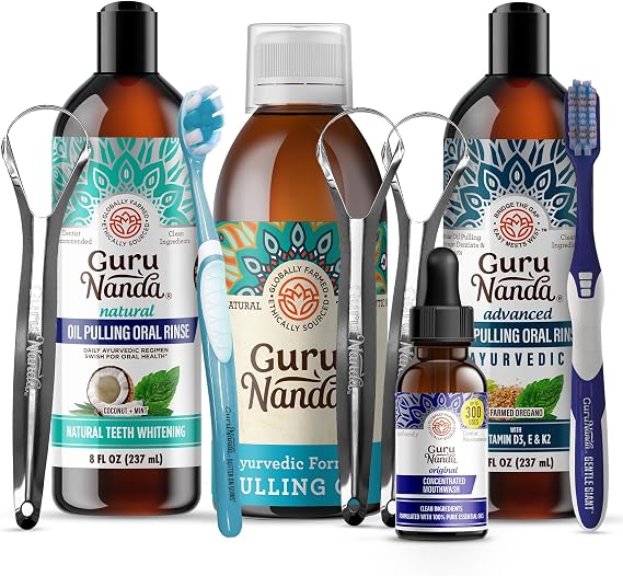 GuruNanda Advanced Formula Oil Pulling with Tongue Scraper, Original Oil Pulling, Cocomint - Coconut and Peppermint Oil Pulling & Concentrated Mouthwash- for Fresh Breath & Healthy Teeth & Gums