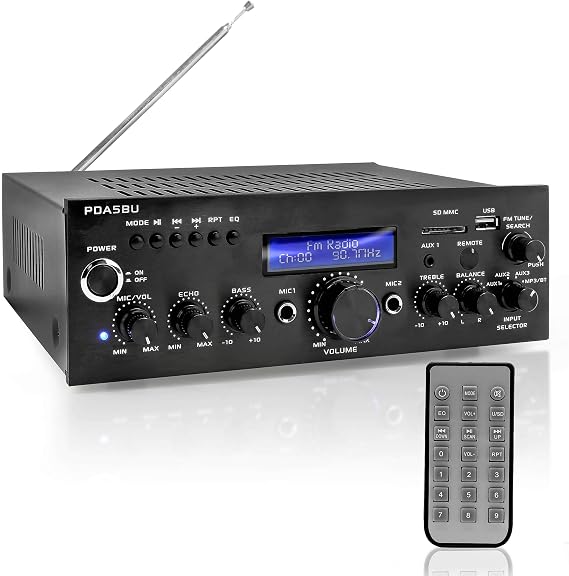 Pyle Wireless Bluetooth Home Power Amplifier - 200 Watt Audio Stereo Receiver w/USB Port, AUX in, FM Radio, 2 Karaoke Microphone Input, Remote - Home Entertainment System - Pyle PDA5BU.5
