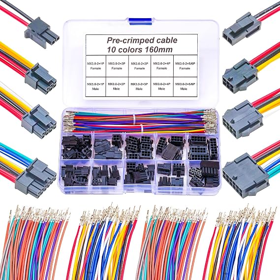 Molex 3.0mm Male & Female Extension Connector Kit with 22AWG Premium Pre-Crimped Cables, Molex Micro-Fit 3.0 Dual Row 2 * 1/2/3/4/5/6Pin Housing with Length of 160mm Wire (MX3.0-MF-160 Kit)