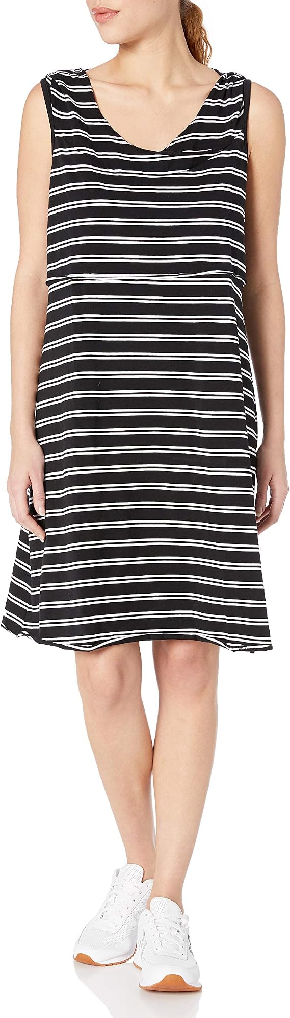 Marc New York Performance Women's Plus Size and Thin Stripe Dress with Shelf Bra, Deep Black/White, 1X