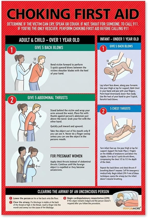 Safety Choking Victim Poster Measures 12" x 18", Choking First Aid Poster for Infants, Kids, Pregnants, and Adults, First Aid Guide Quick Reference Guide, Laminated