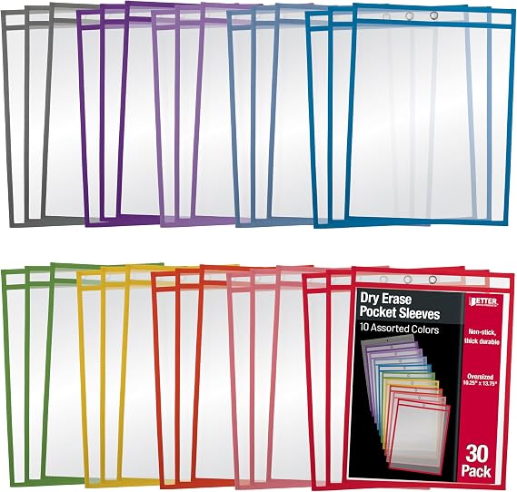 Better Office Products 30 Dry Lace Pocket Sleeves Crystal Clear Extra Large Size 10.25 Inch x 13.75 Inch Durable Dry Lace Pocket Sheet Protector Reusable Pocket 10 Colors Assortment 30 Pack