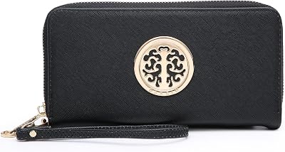 Dasein Woman Wallet Purse Zip Around Clutch Bag Phone Case with Wrist Strap Multiple Card HoldersBlack