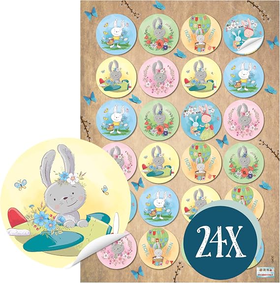 Osteraufkleber Osterhasen 24 Stück: Aufkleber Ostern Ostersticker Hase Sticker mit Häschen Deko Osterhase Geschenkaufkleber Kinder Osterhasensticker Etiketten Rund Selbstklebend Bunt ⌀ 4 cm