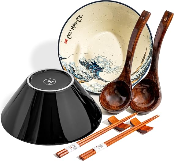 BICETTO Large Ramen Bowl Set, 8-Piece Ceramic Soup Bowls 60oz, Great Wave