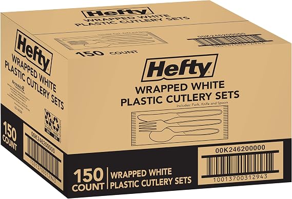 Hefty Wrapped Disposable Plastic Utensils Set, 150 Count, White Disposable Utensils for Picnics, BBQs, Camping, Parties, and More, Includes Forks, Spoons, and Knives