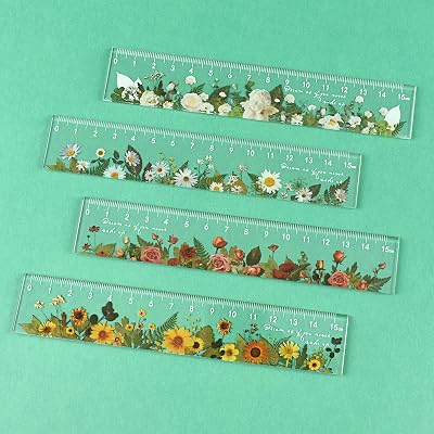 BAYTORY 4 Pack Clear Plastic Rulers 6 Inch, Aesthetic Acrylic Small Ruler, Measuring Drafting Metric Bulk Ruler with Centimeters for School Home Office Clear Flower 6 Inch
