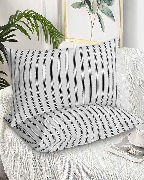 DecorLovee Black Striped Pillow Cases Standard Size Set of 2 - Microfiber Bed Throw Pillow Covers, Black White Stripes Farmhouse Decorative Lumbar Pillow Cover with Envelope Closure for Sofa 20"x26"