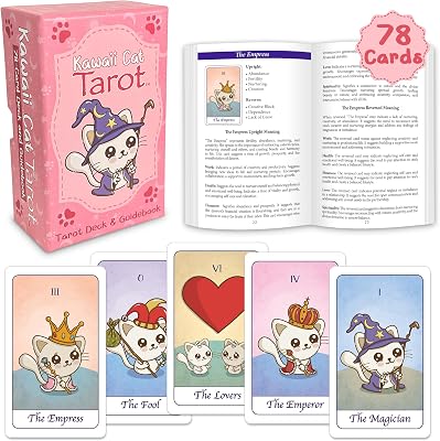 Cat Tarot Cards | 78 Cards, Full Colour Guidebook, Kawaii Cat Illustrations | Tarot Card Deck for Beginners & Cat Lovers | 350gsm Card Stock, Glossy Finish | Fun Tarot Reading.