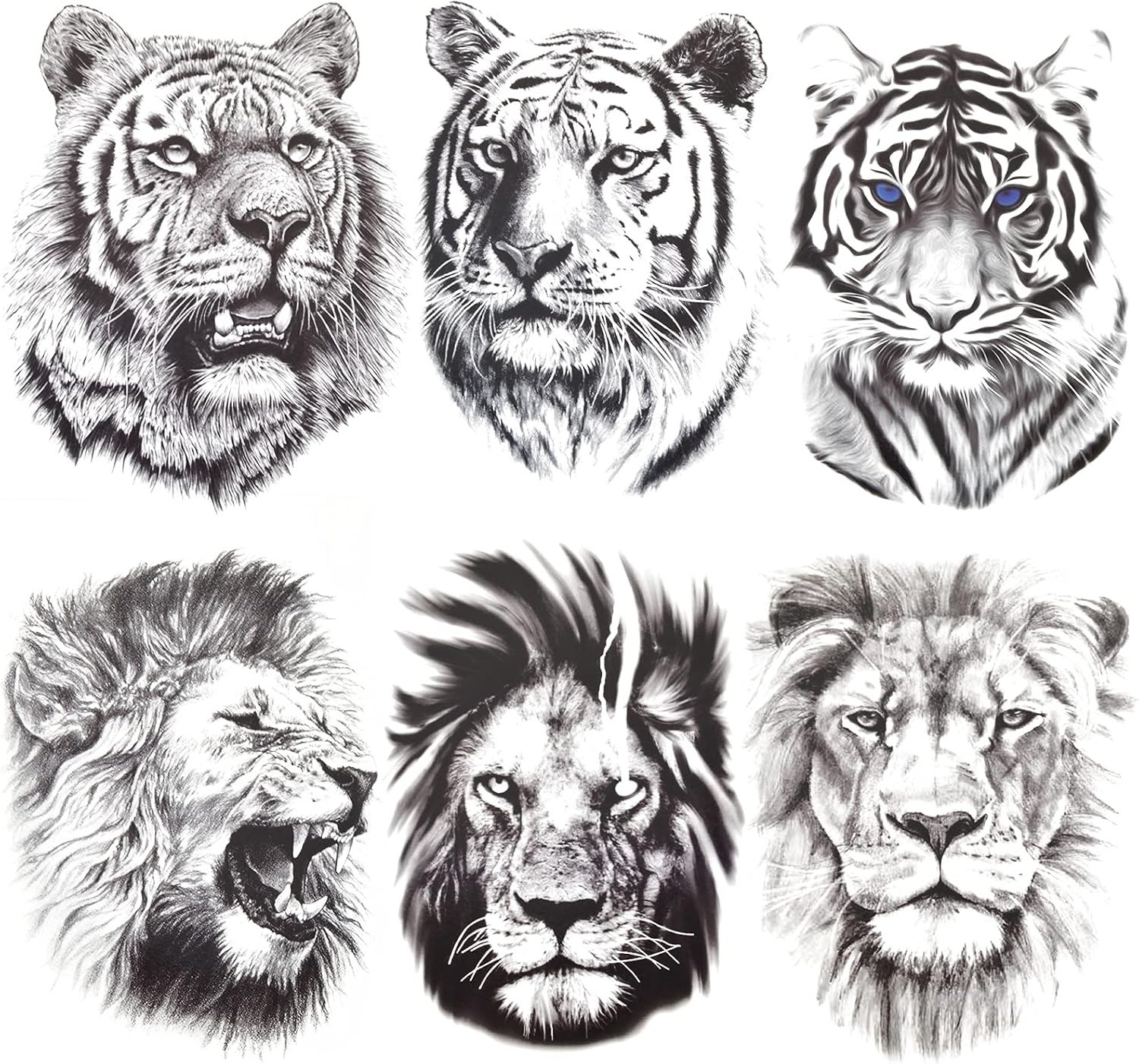 6 Sheets 3D Realistic Large Temporary Tattoos Stickers, Large Fake Tattoos Lion Tiger Wolf for Men Women, Black Animals Sketch Body Chest Shoulder Neck Face Arm Thigh for Party, Easter Party
