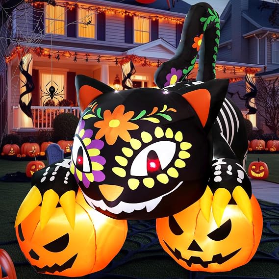Halloween Inflatables 7.5FT Black Cat Outdoor Decorations, Skeleton Black Cat and Pumpkin Inflatable Halloween Blow Up Yard Decorations with Built-in LED Lights for Yard Lawn Garden Decor