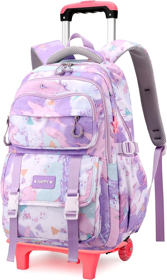 Kids Rolling Backpack for Girls School Bag with Wheels, 2-Wheel Purple