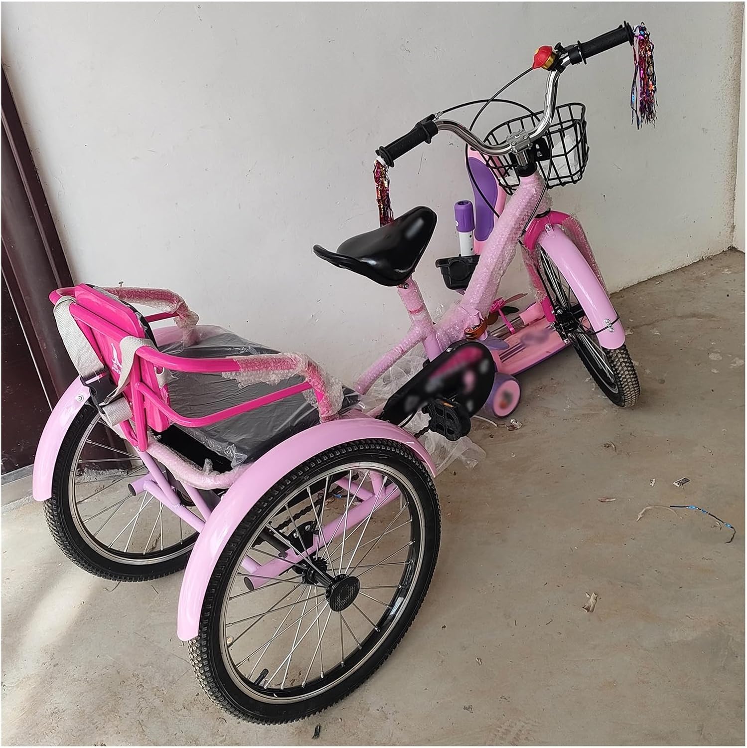 SRNSAEB Adjustable 3 Wheel Tricycle with Basket & Back Seat/Deepen Storage Basket, Soft Comfortable Two Seater Bicycle for Kids/Children's/Teen/Beginners, Foldable Three Wheel Trikes(Pink,20in)