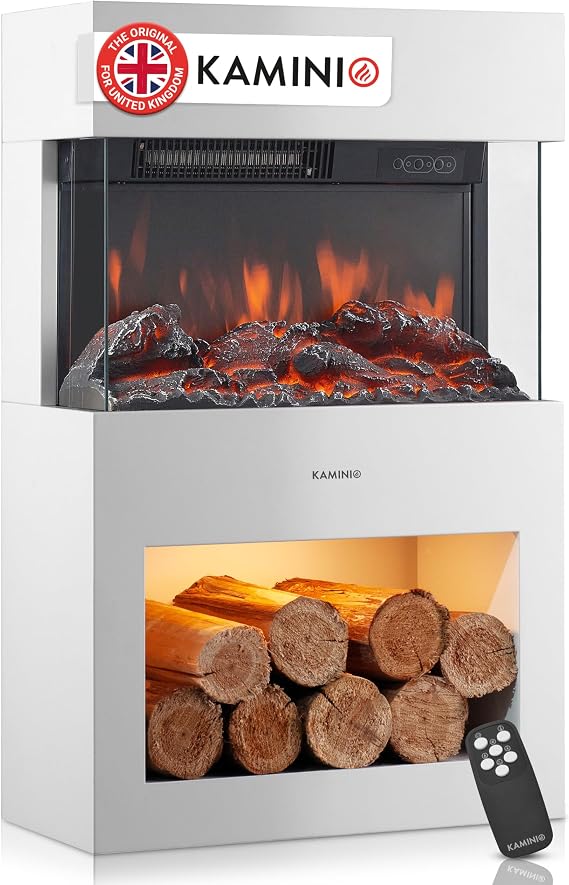 KAMINIO Electric Fireplace HENRI - Electric Stove with Heater, 3D Flame Effect, LED Mood Light, Wood Storage Compartment, Remote Control (White)