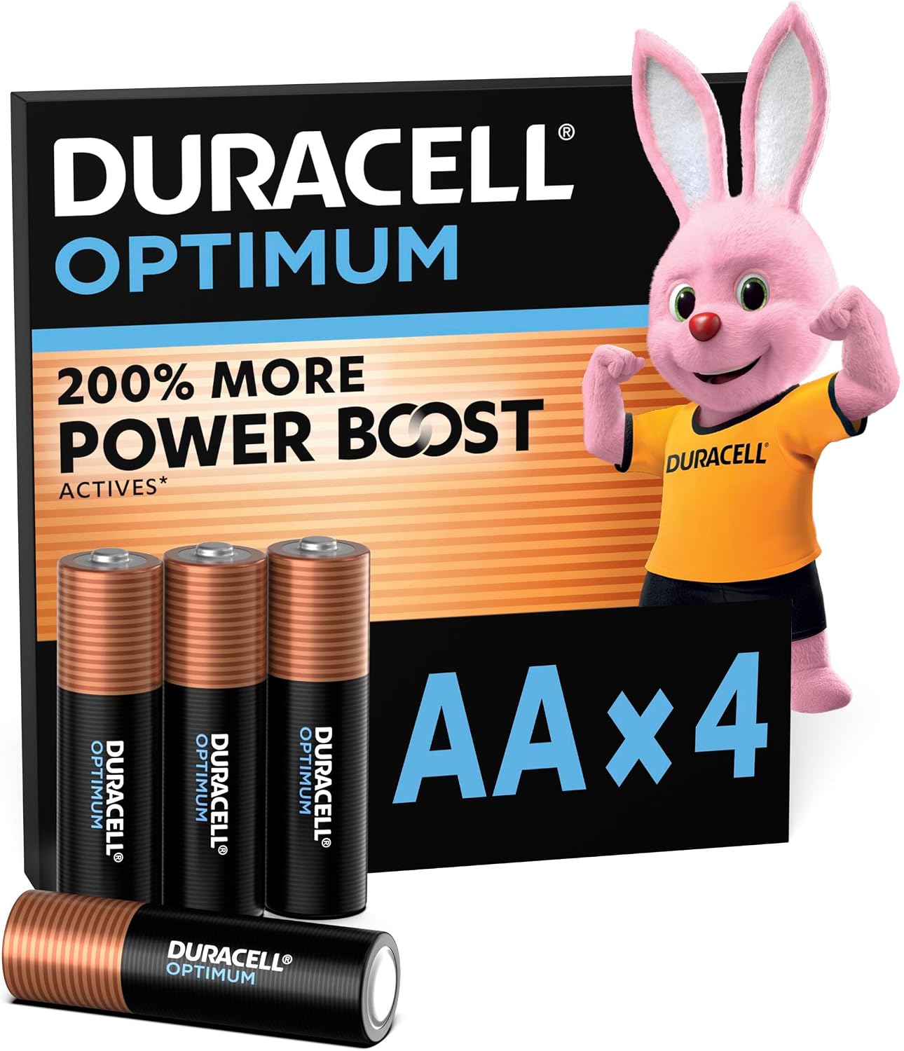 DURACELL Optimum AA Batteries 4 Pack – Alkaline Batteries 1.5V – 200% More Power Boost Actives – Meets Demands Of Modern Devices – 100% Recyclable, 0% Plastic Packaging – MX1500