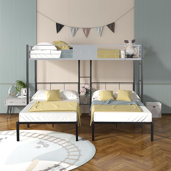 Metal Triple Twin Bunk Bed, Twin Over Twin & Twin Bunk Bed for Kids, Teens, Adults, Metal Triple Bed Frame Can be Divided with 3 Separate Beds, Black
